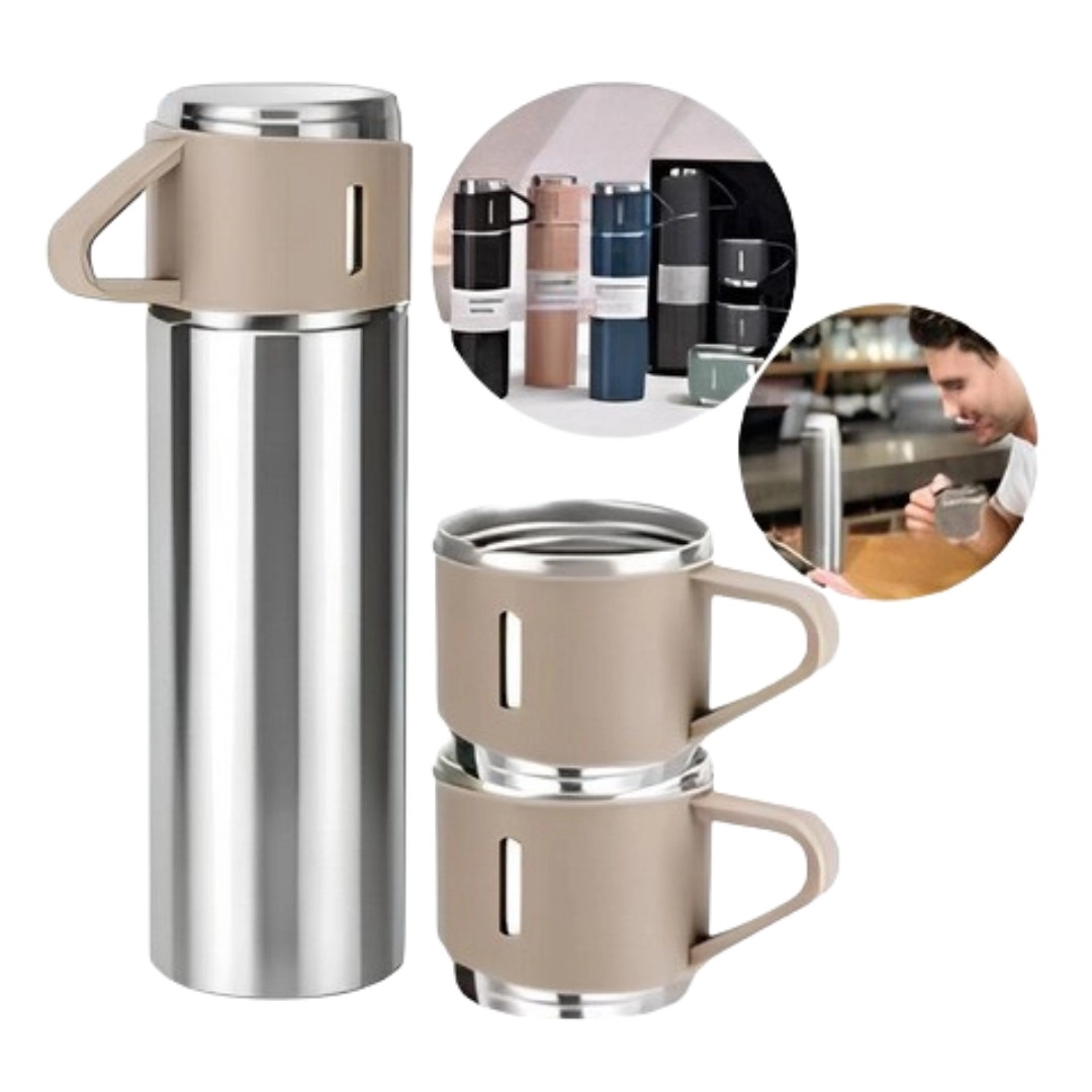 Garrafa Térmica 500ML + 3 Xícaras Aço Inoxidável - Bege