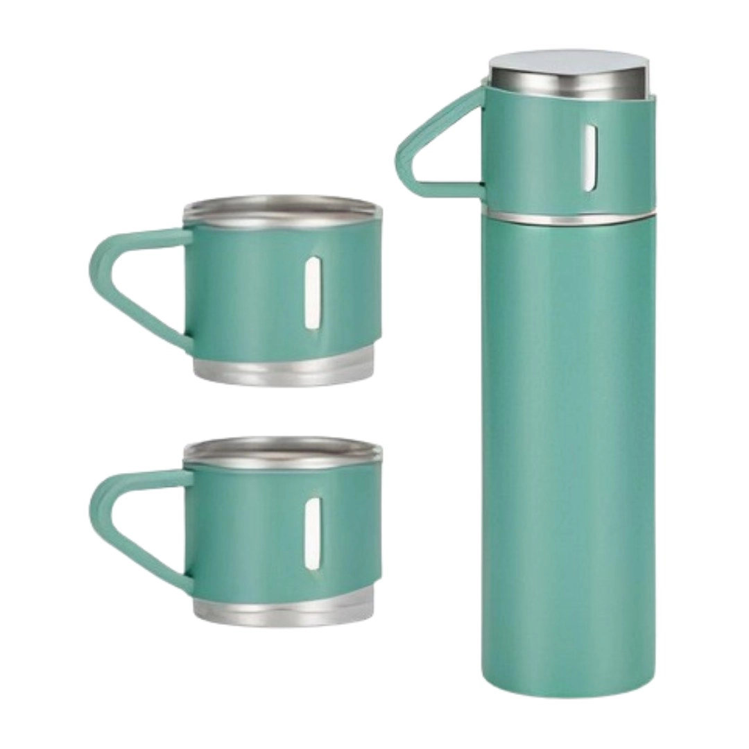 Garrafa Térmica 500ML + 3 Xícaras Aço Inoxidável - Verde