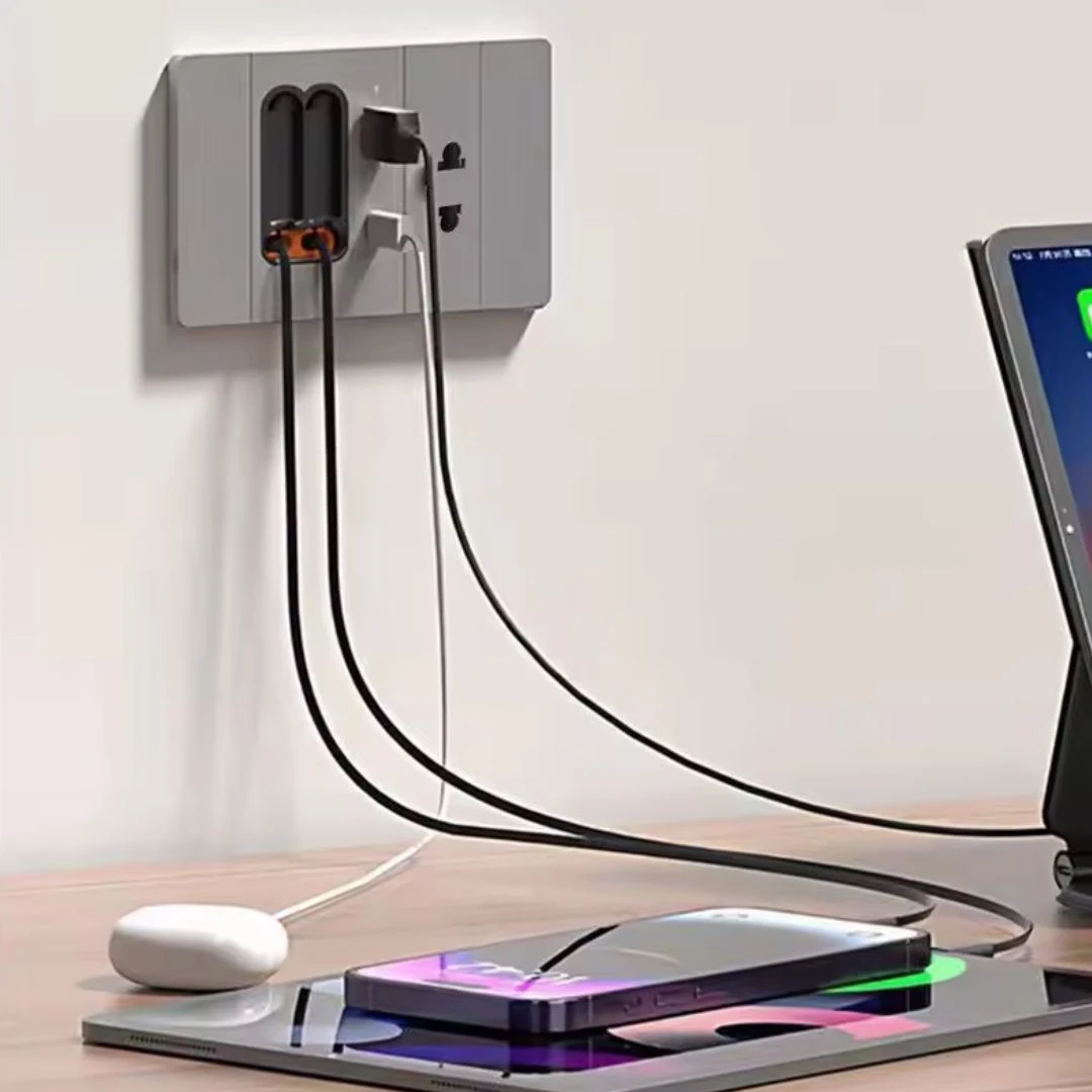 Tomada de Embutir com Cabo Retrátil Tipo-C 20W + Portas USB e USB-C